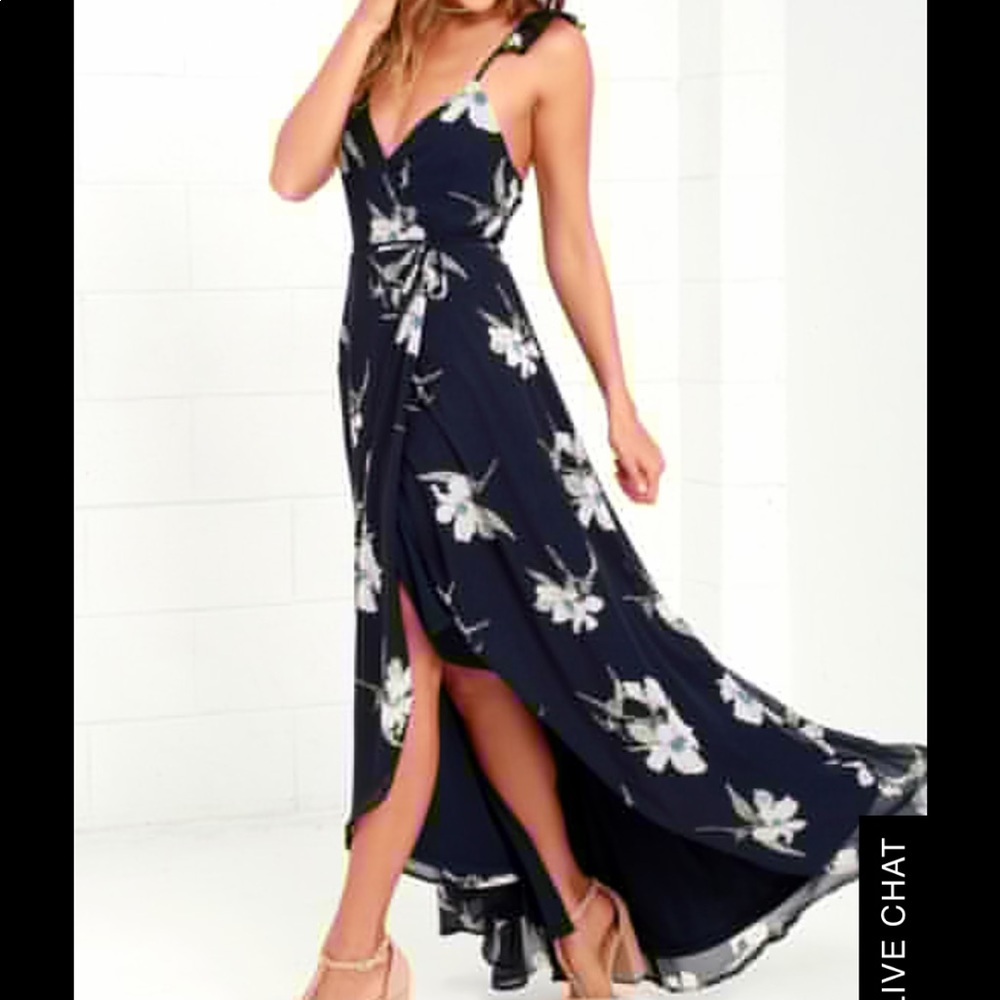 Navy blue formal print wrap dress
